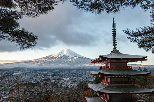 Mount Fuji and a Pagoda with Cherry Blossoms